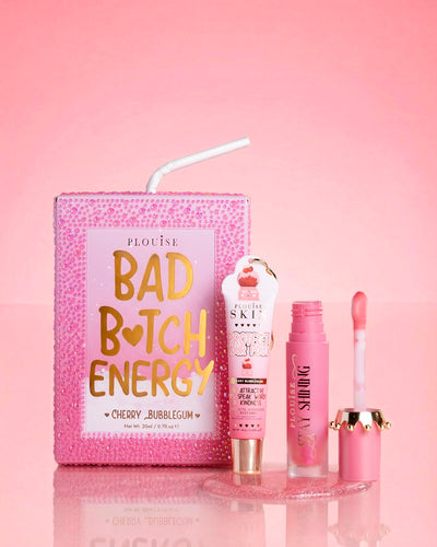 Różowy duet do ust Bad Bitch Energy z brokatem kryształowym P.Louise w wiśniowej gumie balonowej, zawierający błyszczący olejek do ust i odżywkę do ust