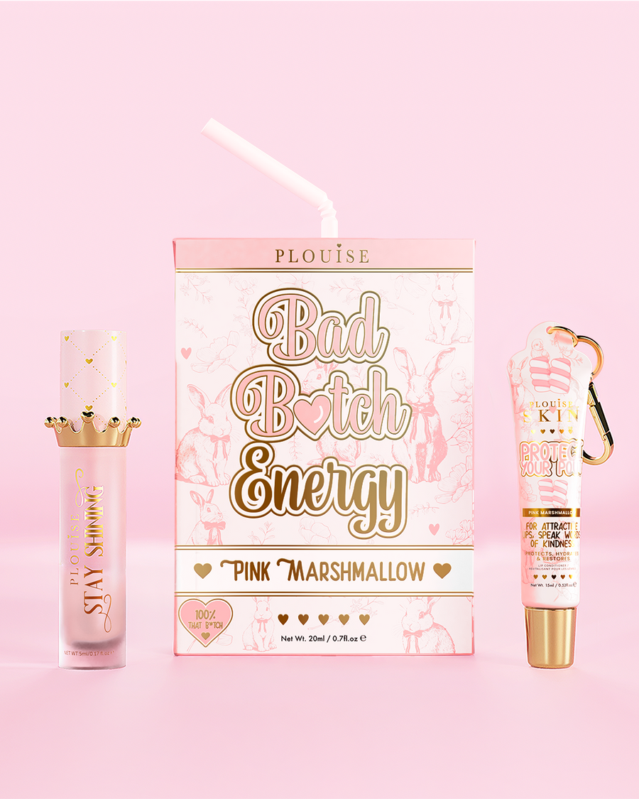 P.Louise „Bad Bitch Energy“ rosa Marshmallow-Lippenduo auf rosa Hintergrund