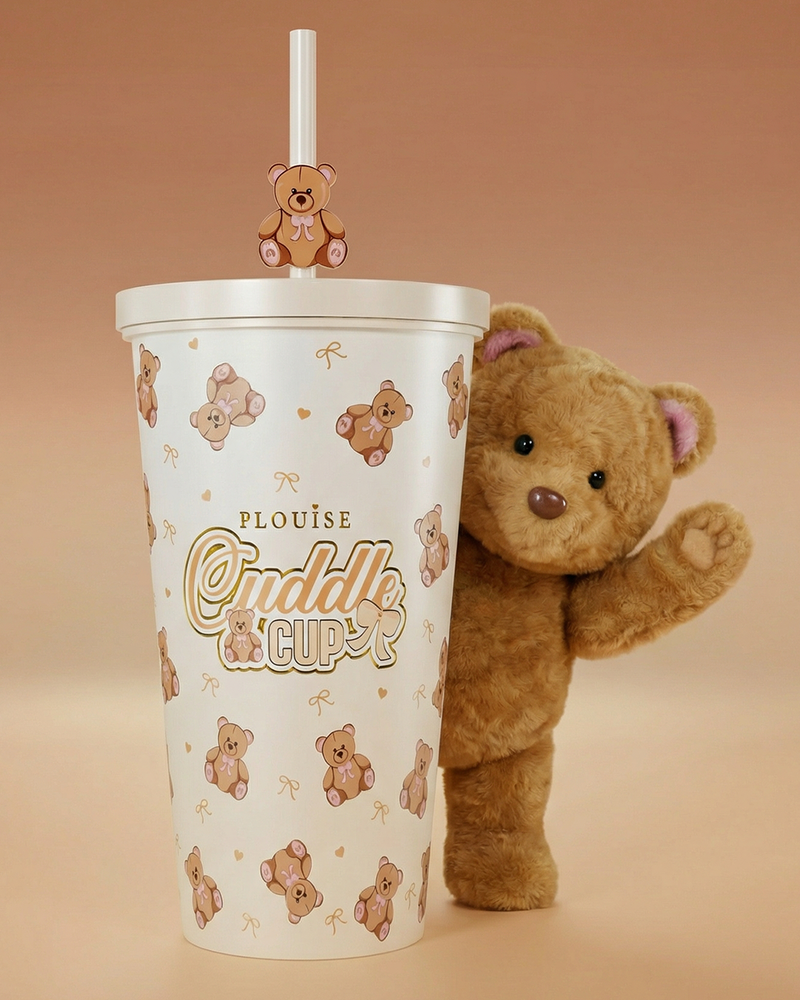 Slika P.Louise Teddy Bear Steel Cuddle Cup Tumbler & Straw s medvjedom koji maše iza njega