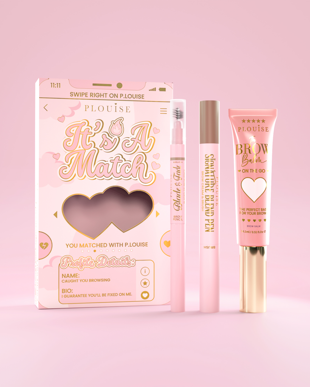 It's A Match เครื่องสำอางสำหรับเขียนคิ้ว ได้แก่ P.Louise Signature Blend Pen, Blade & Fade Brow Pencil และ Brow Balm บรรจุในกล่องธีมสีชมพูและทองพร้อมลวดลายรูปหัวใจ