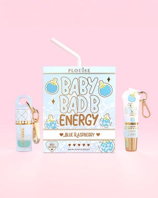 Mini blue raspberry BAby BAd Bitch Energy featuing a mini lip conditioner and mini lip oil 