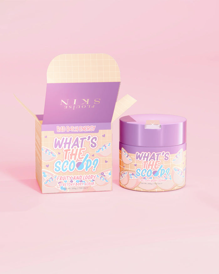 P.Louise 'Qual é o furo?' esfoliante corporal elástico com aroma frutado e loopy com uma embalagem de design frutado loopy em um fundo rosa