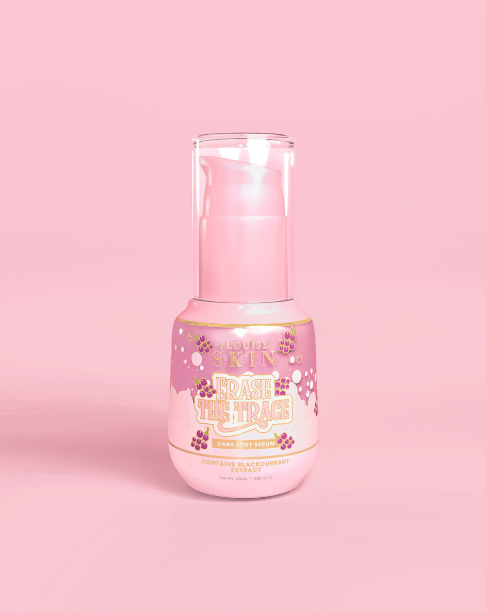 Rosa flaske P. Louise Erase The Trace Dark Spot Correcting Serum på rosa bakgrunn