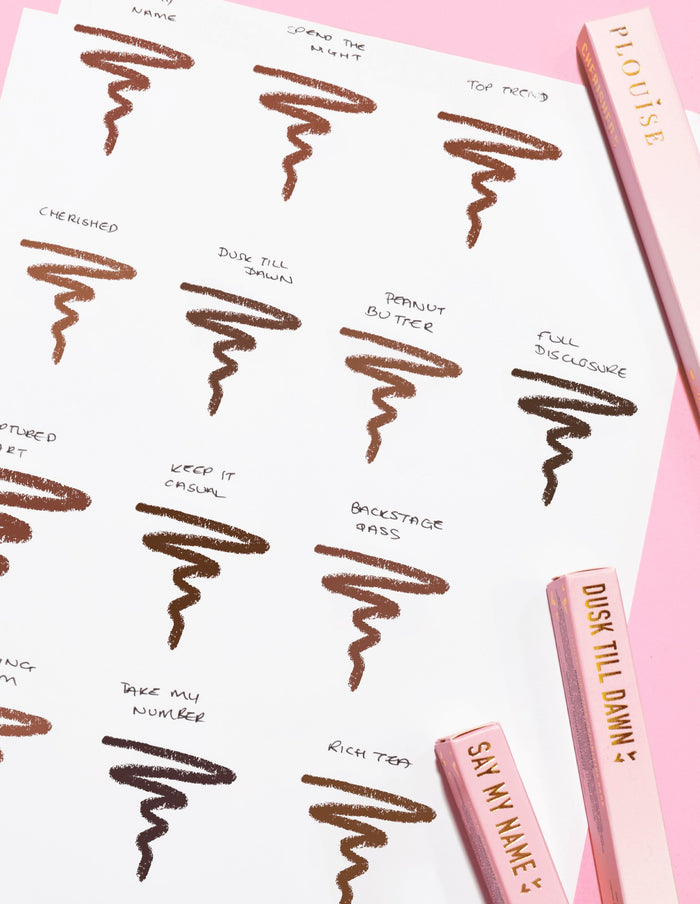 Slika komada papira sa škrabotinama na kojima se prikazuje svaka nijansa i naziv P.Louise Ultimate Definition Sharpenable Lip Liner