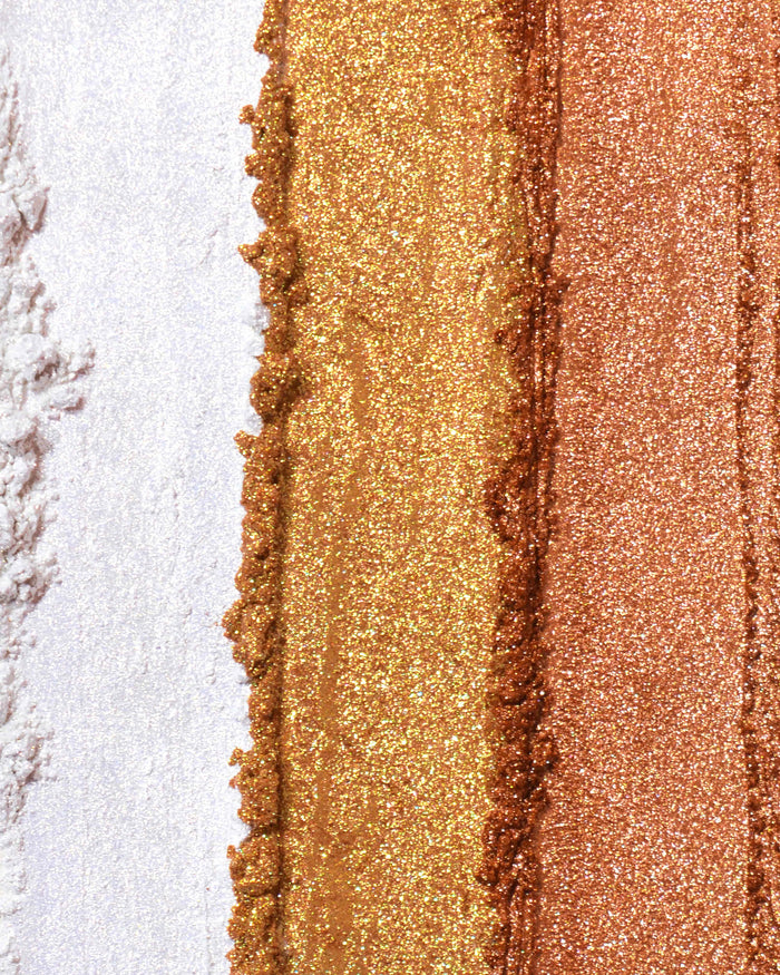 Nahaufnahme von Farbfeldern der losen Glitzer-Lidschattenpigmente P.Louise Secret Stardust